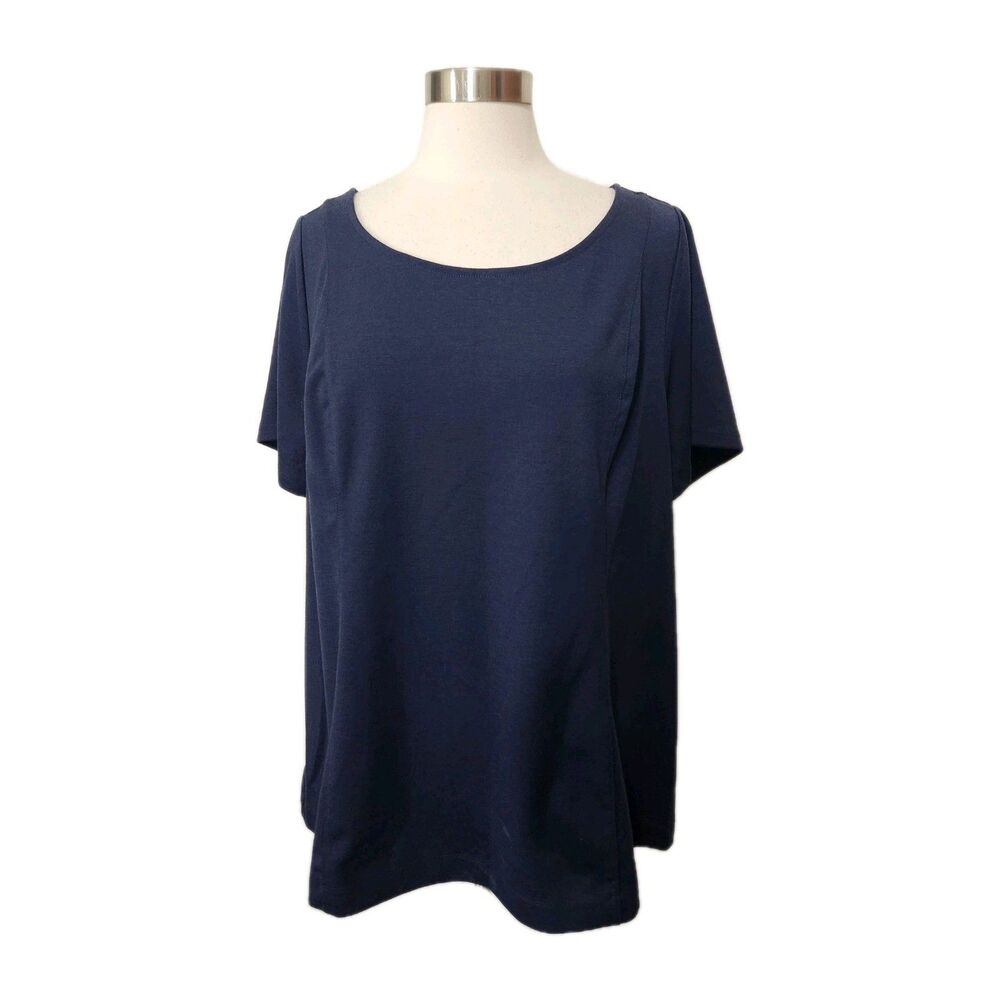 Lane Bryant  26/28 Top Navy Blue Stretch Short Sleeve Back Zip Knit Office work